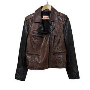 Levi’s Women’s XL Black Brown Colorblock Leather Moto Zip Jacket Biker Grunge